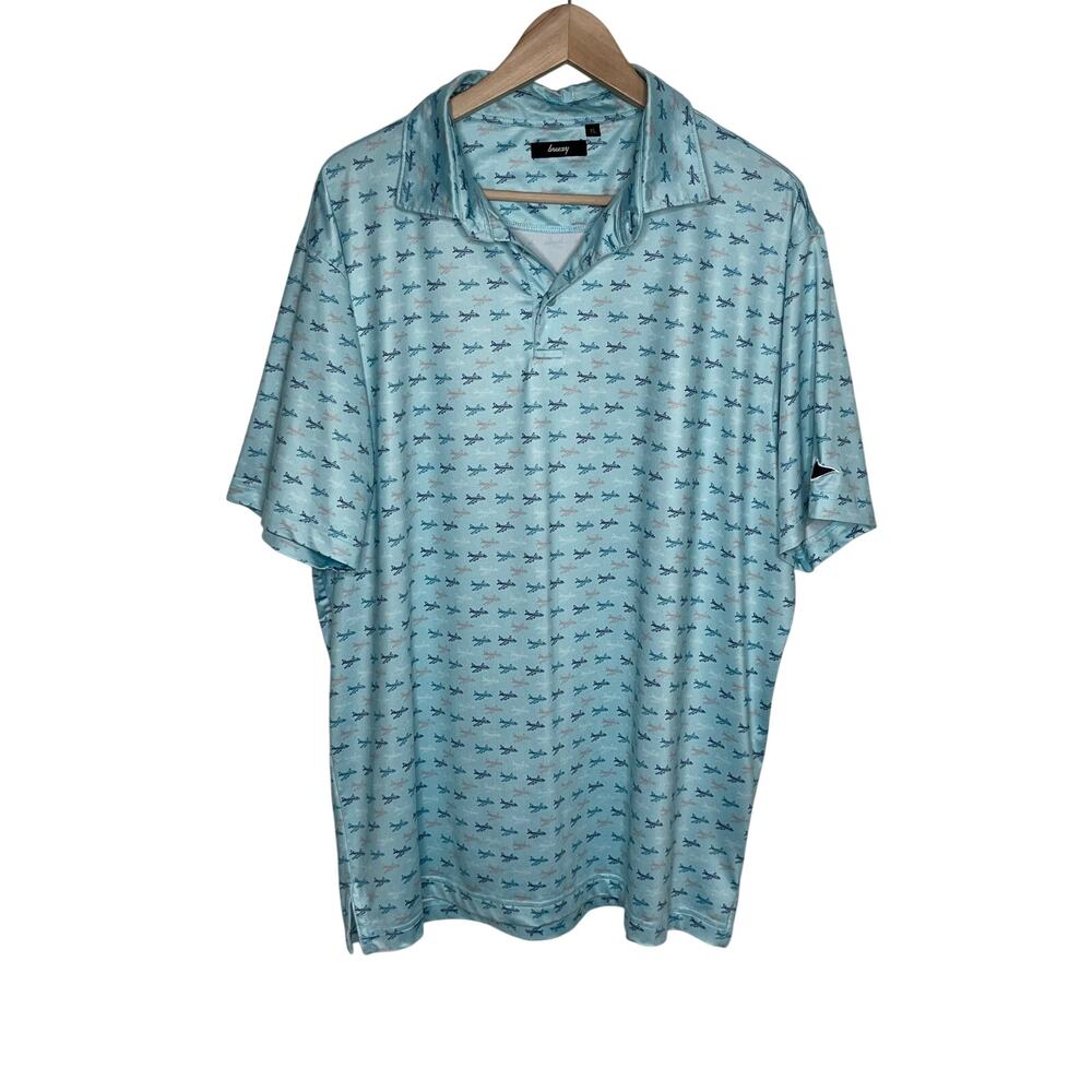 Breezy Airplane Print Performance Polo Shirt Men’s XL Blue Golf Travel Stretch